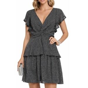 A.L.C. Silk Tiered Mini Dress Women 4 Black White Polka Dot Excellent Flutter